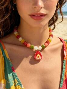 Sweet And Cool Style Colorful Dopamine Peach Pendant Necklace For Women - Personalized Beaded Earrings For The Neckline Chain - Multicolor - View 4
