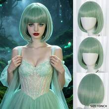 Perruque courte colorée avec frange, pour le port quotidien des femmes, fête de costume d'Halloween, perruque de cosplay anime en cheveux synthétiques lisses, options de dégradé multicolore et de couleur unie (jaune, blanc, marron, vert, or) - Multicolore - Voir 13