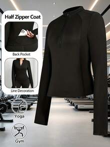 Women's Basic Long Sleeve Shacket, Half-Zip Design, Back Pocket, Round Neck Slim Fit Pullover Sports Black - Black - View 3
