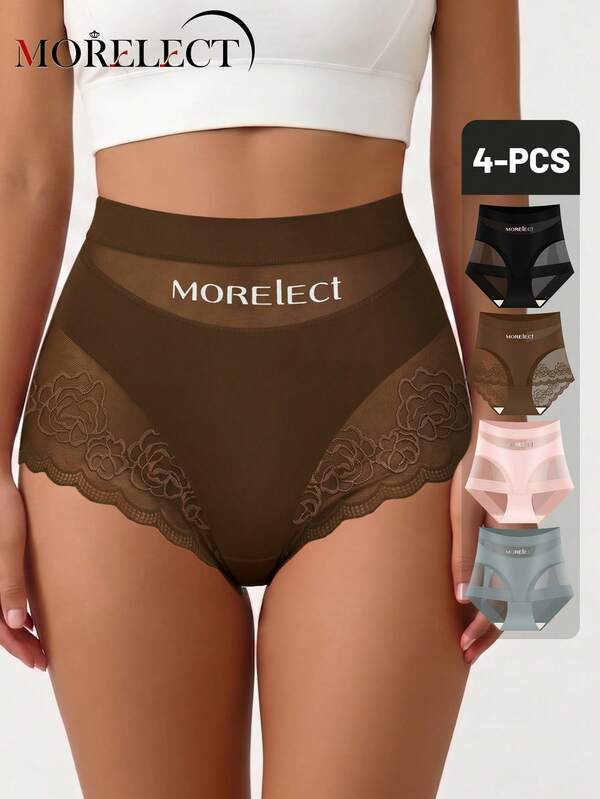 Morelect 4개 하이웨스트 복부 조절 여성 팬티, 통기성 메쉬, 크로스 복부 조절, 아이스 실크 심리스, 쉐이핑 및 엉덩이 리프팅