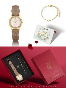 LUCKYFOX Women's Watch Gift Set With Rhinestone Iridescent Dial Leather Strap Quartz Watch, Bracelet, Greeting Card, Vintage Luxury Gift Box For Valentine's Day And Holidays - Rust Brown - View 2