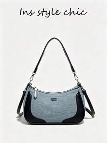 Light Blue Textured Patchwork Underarm Bag With Detachable Shoulder Strap, Minimalist Zipper Shoulder Handbag For Daily Use - Blue - View 6