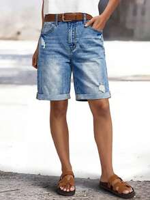 Summer Washed Denim High Waist Slim Fit Frayed Hem Denim Shorts Casual - Blue - View 1