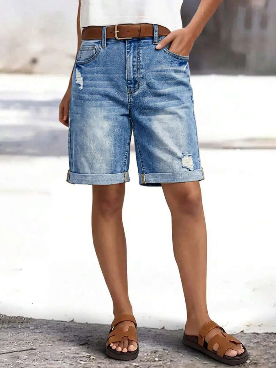 Summer Washed Denim High Waist Slim Fit Frayed Hem Denim Shorts Casual - Blue - View 1