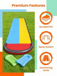 Dual Lane PVC Inflatable Water Slide, Outdoor Water Spray Surfing Slide, Comes With 2 Inflatable Slide Mats, Suitable For Backyard Lawn Summer Water Fun - 彩色 - 查看 7