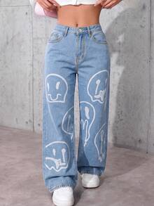 Y2K Inspired Women's Denim Jeans, Light Wash Straight Leg With Unique Melting Face Graphic, Casual Button Detail Design - Blue - View 5