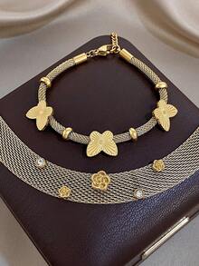 Set/1 Pieza Pulsera de Cadena de Malla Ancha de Acero Inoxidable con Mariposa, Zirconia y Flores Doradas Minimalistas, Conjunto de Joyería para Mujer, Fiesta, Diario, San Valentín/Cumpleaños/Navidad - Multicolor - Ver 3