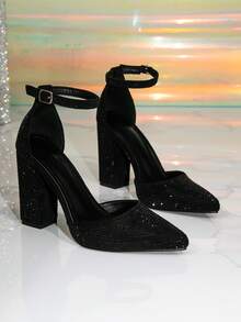 Women's Pointed Toe Fashion Hollow Chunky Heel Black High Heel Pumps - Black - View 6