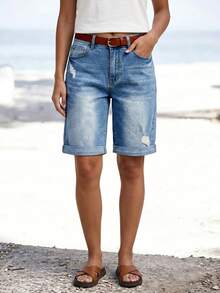Summer Washed Denim High Waist Slim Fit Frayed Hem Denim Shorts Casual - Blue - View 4