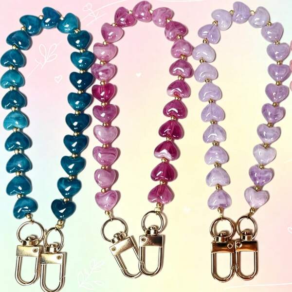 Fashionable Multicolor Faux Stone Heart-Shaped Phone Lanyard, Handmade Acrylic Bead Phone Charm, Valentine's Day Gift