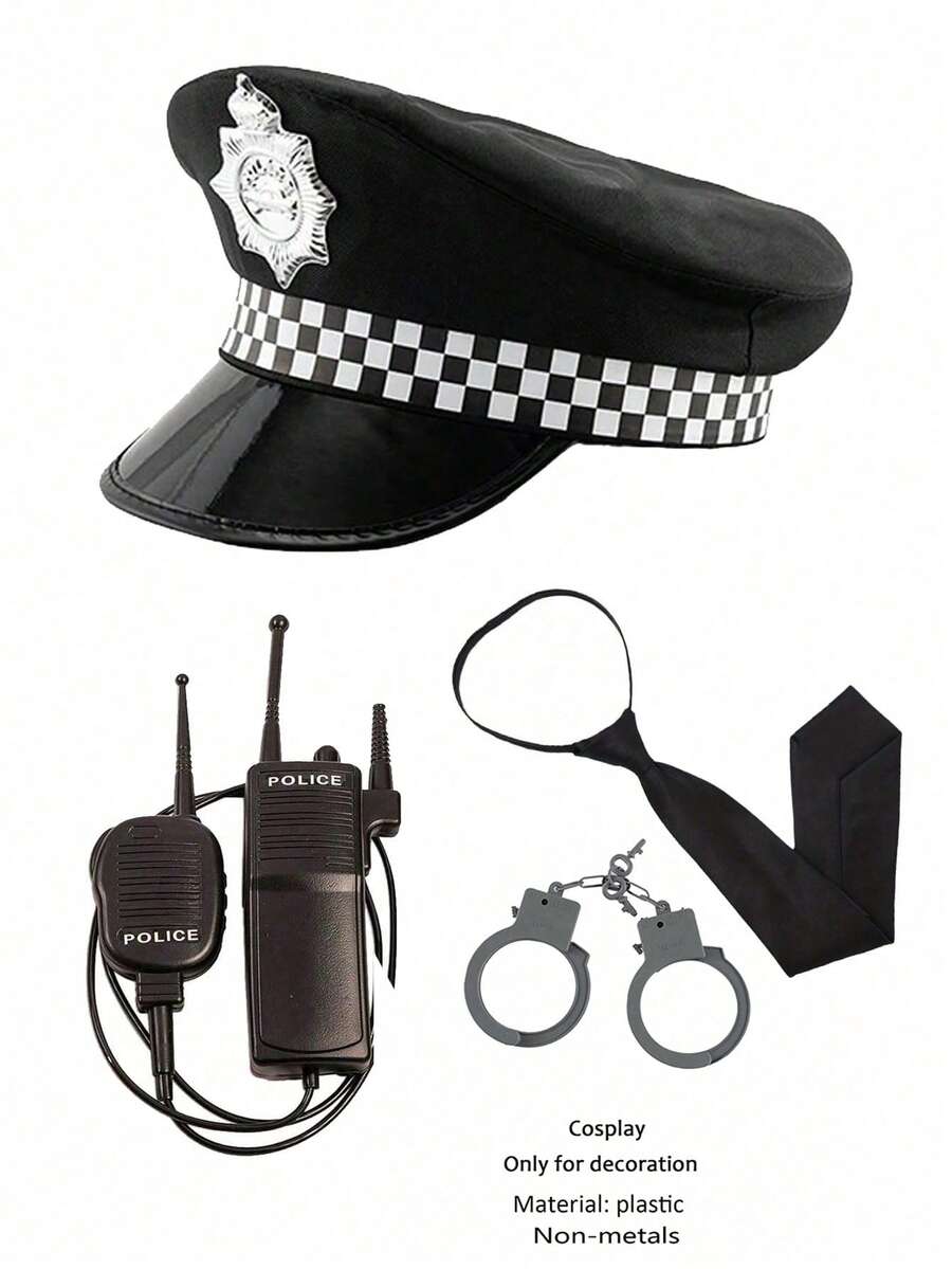 Cosplay Costume Props Police Hat Non-Metal Handcuffs Non-Metal Baton Plastic Material Party Holiday Dress Up Atmosphere - Black - View 1