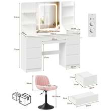 Devoko Vanity Table With LED Mirror & Power Outlet, Dressing Table With 7 Drawers, Hair Dryer Holder & Jewelry Hooks, White/Black/Pink - 查看 9
