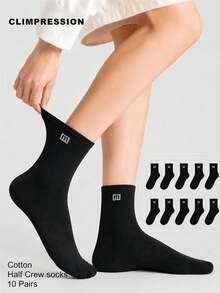 CLIMPRESSION 1/10/20/30/40 Pairs Cotton Half Crew Socks With Letter M Printing Solid Black Mid Calf Casual Socks Daily Wear - Black - View 7