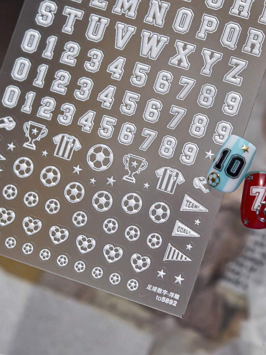 1pc 5D Minimal Soccer Number Nail Stickers Self-Adhesive Stickers DIY Nail Accessories Stickers Nail Decoration Stickers - 白色 - 查看 1