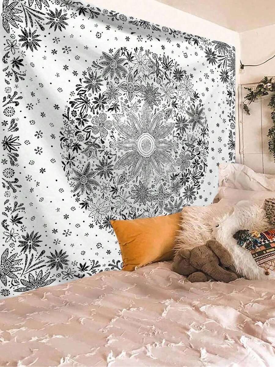 1pc Bookshelf Graphic Printed Tapestry, Modern Polyester Square Decorative Wall Hanging Suitable For Living Room And Bedroom - White - View 1