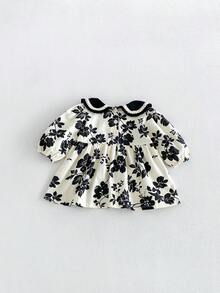 Miniweenns 1pc Girls' Outdoor Casual All-Over Print Dress, Black Lace Pearl Collar Bowknot Stylish Dress, Spring/Autumn - Black and White - View 6