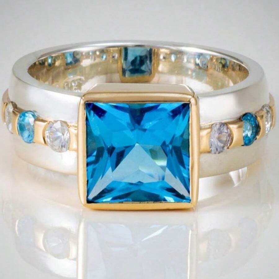 Elegante Anillo Cuadrado de Dos Tonos Azul Claro, Joyería de Estilo Océano Fresco para Mujeres - Dos colores - Ver 1