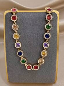 Women's Elegant Luxury Colorful Zirconia Chain Necklace & Bracelet Set, Stainless Steel Gold Chain Necklace, Party Birthday Christmas Jewelry Gift - Multi-color 2 - View 3