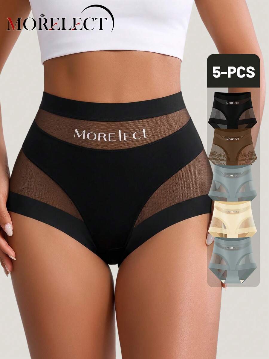 Morelect 5pcs High Waist Tummy Control Women's Panties, Breathable Mesh, Cross-Waist, Ice Silk Seamless, Shaping & Butt Lifting