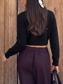 Fashionable Black Button Short Women's Sweater, Long Sleeve Knit Cardigan, Decorated With Exquisite Embellishments - Black - View 3