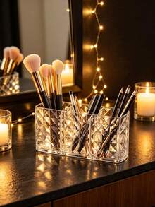 Crystal Makeup Brush Holder Organizer,Makeup Organizers Countertop | 3-Compartment Comb Brushes Pen Pencil Storage Box Container For Vanity, Desktop, Bathroom - Crystal Pattern Transparent - View 2