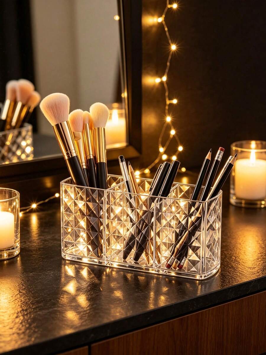 Crystal Makeup Brush Holder Organizer,Makeup Organizers Countertop | 3-Compartment Comb Brushes Pen Pencil Storage Box Container For Vanity, Desktop, Bathroom