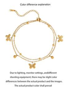 1pc Stainless Steel Double Layer Stacked Women's Anklet, Thin O-Chain Double Layer Foot Jewelry With 3D Embossed Butterfly And Round Bead Pendant, Beach Vacation Style, Gold Color, Fresh Summer Beach Outing Accessory For Sandals And Strappy Shoes, Photo-Ready, 2026 Qixi Valentine's Day, Versatile Foot Accessory - Anklets - View 4