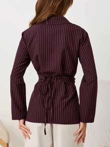 Women's Elegant Design Front Cross Tie Waist Long Sleeve Collared Striped Shirt, Striped Tie Front Button Asymmetrical Commute Office Daily - Burgundy - View 2