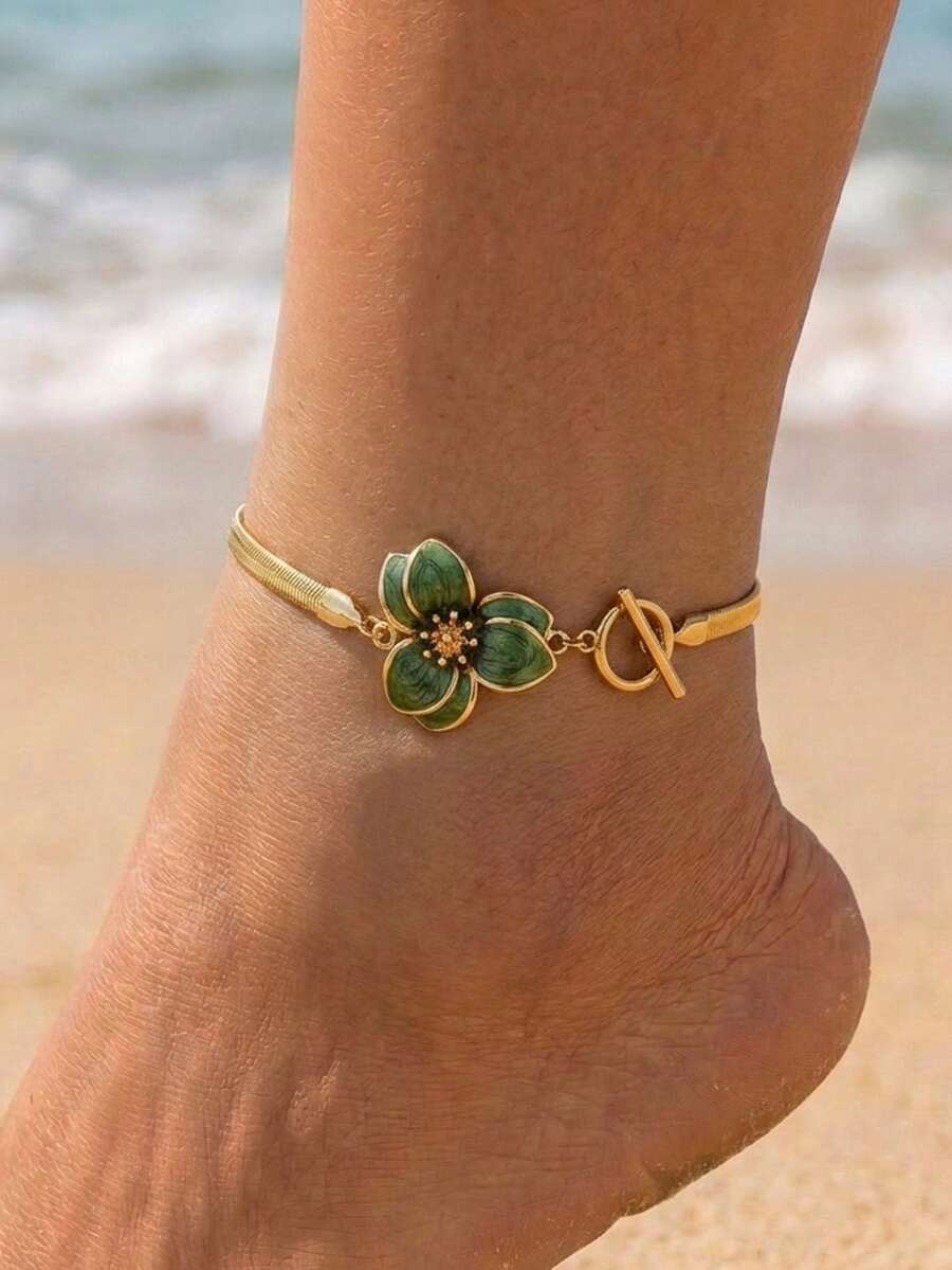 1pc Green Flower Pendant Anklet For Women, Vintage Elegant Vacation Style Bohemian Beach Foot Jewelry - Green - View 1