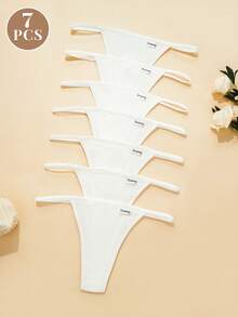 7pcs Women's Pure Cotton Ribbed Thong Panties, Soft Skin-Friendly G-String Briefs, Comfortable Triangle Underwear For Daily Wear, White - White - View 3