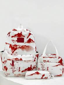 Ins Style Ink Wash Mountain Watermark High-Density Soft Nylon Backpack 3 Pieces Set With Multiple Compartments, Stress-Relief Wide Strap, Daily Commute And Travel - Multicolor - View 12