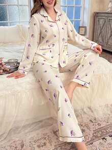Women's Cute Soft Cream & Light Purple Floral Trim Button Collar Long Sleeve Pajama Set, Straight Leg Pants, 2-Piece Loungewear Sleepwear - Multicolor - View 3