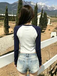 1pc Women's Ribbed Long Sleeve Knit T-Shirt, Embroidered Letter, Short Contrast Raglan Sleeve Top, Slimming Fitted Top For Autumn - Blue and White - View 5