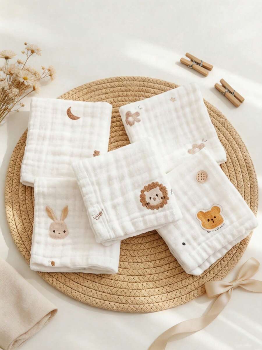 5pcs Baby Gauze Bibs, Breathable Cartoon Print Drool Cloths, Baby Drool Wipes, Newborn Care Face Wash Daily Care - Baby Bib - View 1