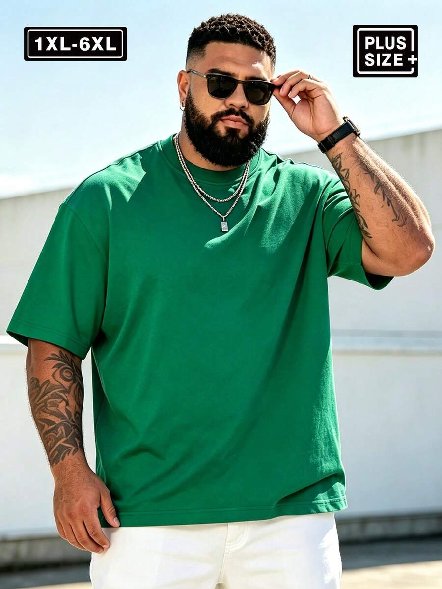 1XL-6XL 220-440磅 男士大尺碼休閒圓領短袖T恤,適合戶外運動與日常穿搭 - 綠色 - 查看 1