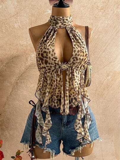 Top corto sexy para mujer verano 2026 estilo europeo y americano, estampado de leopardo, espalda descubierta, cuello halter con lazo y cuello alto, camiseta sin mangas