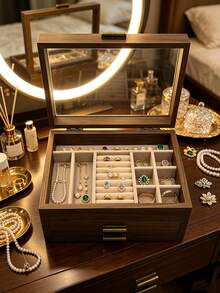 1pc Walnut Wood Multi-Layer Divided Jewelry Storage Box With Glass Visible Lid, Large Capacity Compartments, Luxury Vanity Table Home Use, Necklace Ring Earring Jewelry Dust-Proof Solid Wood Jewelry Box - Multicolor - View 5