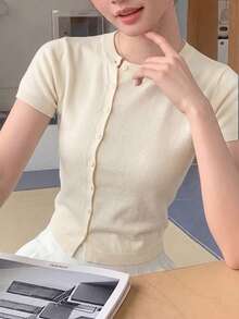 女款春夏休閒短袖修身日常穿著圓領薄款開襟衫 - 杏色 - 查看 4