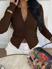 Women's Y2K Sexy Slim Fit Crew Neck Breathable Long Sleeve T-Shirt, Suitable For Daily Wear Brown - Brown - View 10