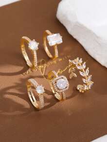 5pcs Elegant Cubic Zirconia Geometric Open Copper Ring Set, Suitable For Women's Daily, Party And Wedding Wear - Yellow Gold - View 12