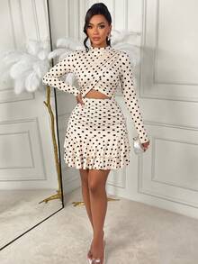 AIJ Gaun Mini A-Line Lengan Panjang Motif Polkadot untuk Wanita, Desain Kerah Tegak dengan Lipatan dan Rumbai Elegan, Gaya Vintage - Dasar warna aprikot dengan bintik-bintik hitam - View 6