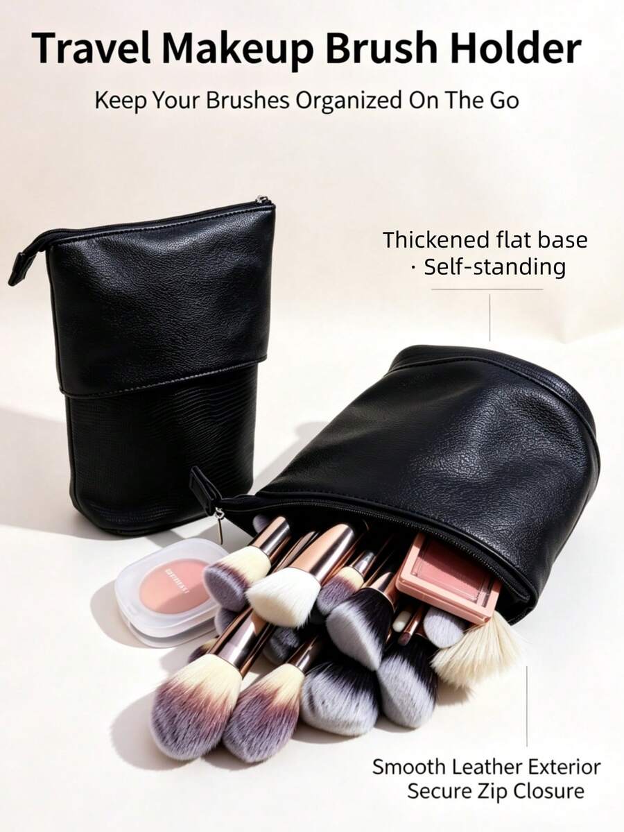 1pc Expandable Makeup Brush Storage Bag, Large Capacity, Travel Portable, Upright, Dust-Proof, Easy To Clean Makeup Bag (Makeup Brushes Not Included)
