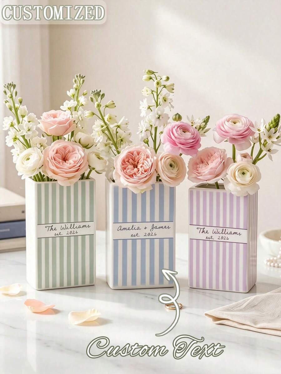 Personalized Wedding Ceramic Book-Shaped Vase, Customized Striped Couple Name Book-Shaped Vase, Striped Engagement Gift, Bride Gift, Engagement Couple Gift - Multicolor - View 1