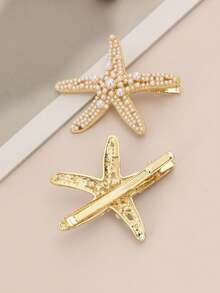 2PCS Faux Pearl Starfish Hair Clips, Women's Ocean Series Gold Metal Hair Clips, Bohemian Y2K Style Beach Hair Accessories, Elegant Starfish Hair Clip Set - Multicolor - View 3