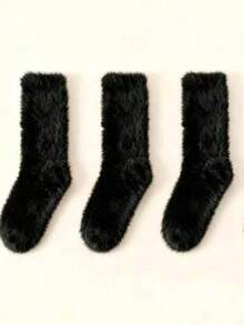 1/3/5 Pairs Autumn/Winter Solid Color Mink Fur Warm Fuzzy Mid-Calf Socks For Women, Couples Winter Floor Socks - Black - View 7
