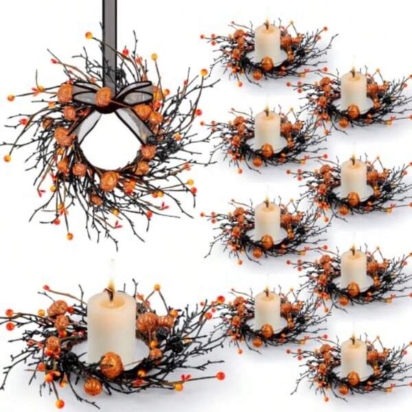Best Sellers 8 PCS Halloween Candle Rings Wreaths Black Orange Berries And Pumpkin Candle Rings Mini Wreath 3.5 Inch Center For Pillar Candle Halloween Fall Thanksgiving Party Home Table Indoor Decorations
