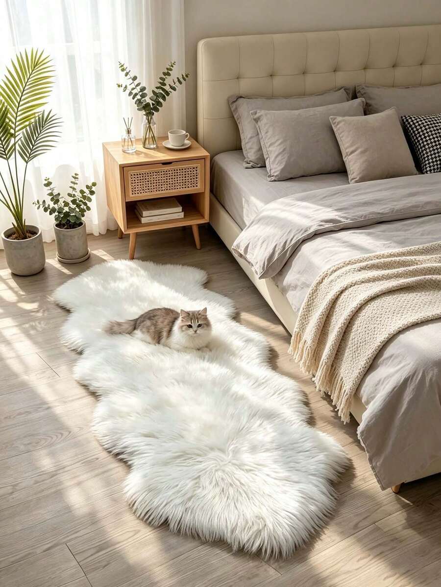 1 pieza Alfombra decorativa de lana sintética antideslizante para sala de estar y dormitorio, alfombra de pelo largo para el lado de la cama, adecuada para alfombra de sala de estar, alfombra de dormitorio, dormitorio, sofá, decoración de la habitación, estudio y área de entretenimiento - Fácil de limpiar, opción ideal para decoración del hogar interior en todas las estaciones. Se puede usar como una lujosa alfombra minimalista para sala de estar, alfombra de dormitorio o alfombra para el lado de la cama. - Blanco - Ver 1