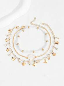 3pcs/Set Shiny Sexy Rhinestone Butterfly Tassel Anklets With White Shells, Handmade Alloy Jewelry, Suitable For Women's Daily Wear, Beach, Party, Music Festival - Multicolor - View 3