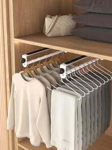 1pc Pull-Out Sliding Clothes Rack, Convenient & Fast, Multi-Functional Closet Storage, With Painted Metal Hooks, Heavy-Duty Adjustable Clothes Rod, Space-Saving Hanging Rod, Suitable For Bedroom Closet, Apartment, Dorm - White - View 7