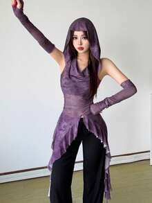 Top Dazzle Fashion 女款連帽針織上衣，不對稱下擺，對比色網紗袖，打造造型完美之選 - 紫色 - 查看 7